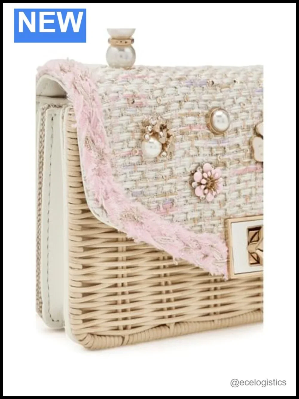 Woven Rattan Crossbody Bag Floral Embellished Twist Lock Adjustable Strap